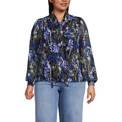 Lands' End Chiffon Removable Tie Neck Blouse In Blue