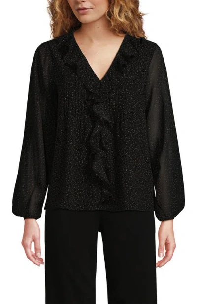 Lands' End Chiffon Ruffle Front Pleated Blouse In Black