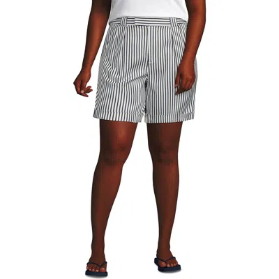 Lands' End Chino High Rise Pleated 7" Shorts In Ivory/deep Sea Awning Stripe