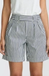 Lands' End Chino High Rise Pleated 7" Shorts In Ivory/deep Sea Awning Stripe
