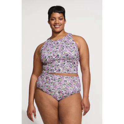 Lands' End Plus Size High Neck Racerback Tankini Top In White Multi Ditsy Floral