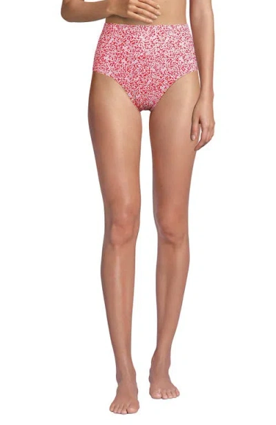 Lands' End Chlorine Resistant Pinchless High Waisted Bikini Bottoms In Coral Rose/white Ditsy Lilies