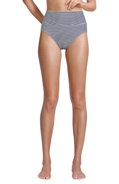 Lands' End Chlorine Resistant Pinchless High Waisted Bikini Bottoms In Deep Sea Navy Mini Stripe