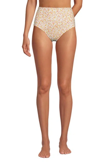 Lands' End Chlorine Resistant Pinchless High Waisted Bikini Bottoms In Egret/yellow Multi Floral