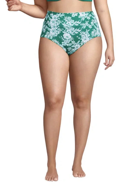 Lands' End Plus Size Pinchless High Waisted Bikini Bottoms In Emerald/white Romatic Floral
