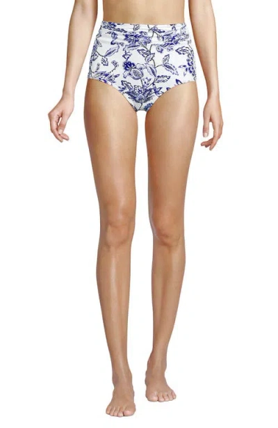 Lands' End Chlorine Resistant Ruched Natural High Waisted Full Coverage Bikini Swim Bottoms In Blue