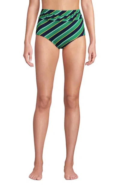 Lands' End Chlorine Resistant Ruched Natural High Waisted Full Coverage Bikini Swim Bottoms In Green