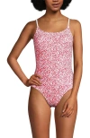 Lands' End Chlorine Resistant Scoop Neck High Leg Tugless Tank Thin Strap One Piece Swimsuit Adjusta In Coral Rose/white Ditsy Lilies