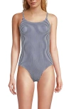 Lands' End Chlorine Resistant Scoop Neck High Leg Tugless Tank Thin Strap One Piece Swimsuit Adjusta In Deep Sea Navy Mini Stripe