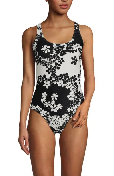 Lands' End Chlorine Resistant Scoop Neck X-back One Piece Swimsuit In Black Floral Shadow
