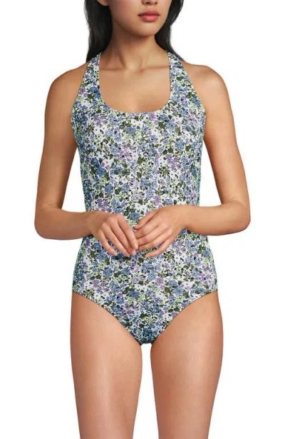 Lands' End Chlorine Resistant Scoop Neck X-back High Leg Soft Cup Tugless Sporty One Piece Swimsuit In Multi
