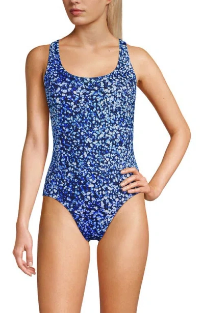 Lands' End Chlorine Resistant Scoop Neck X-back One Piece Swimsuit In Navy/turquoise Mosaic Dot