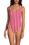 Lands' End Chlorine Resistant Scoop Neck X-back High Leg Soft Cup Tugless Sporty One Piece Swimsuit In Strawberry/white Stripe