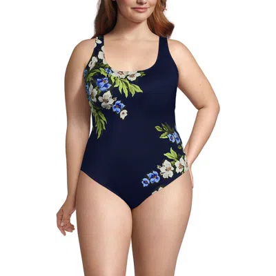 Lands' End Chlorine Resistant Scoop Neck X-back High Leg Soft Cup Tugless Sporty One Piece Swimsuit In Blue
