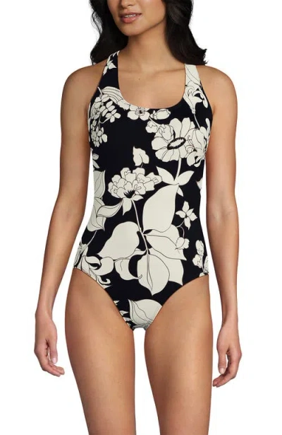 Lands' End Chlorine Resistant Scoop Neck X-back High Leg Soft Cup Tugless Sporty One Piece Swimsuit In Multi