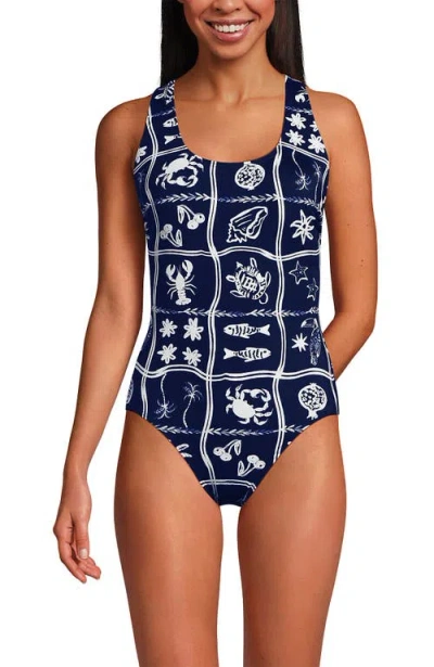 Lands' End Chlorine Resistant Scoop Neck X-back High Leg Soft Cup Tugless Sporty One Piece Swimsuit In Sea Stamp/navy/white