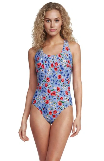 Lands' End Chlorine Resistant Scoop Neck X-back High Leg Soft Cup Tugless Sporty One Piece Swimsuit In Blue