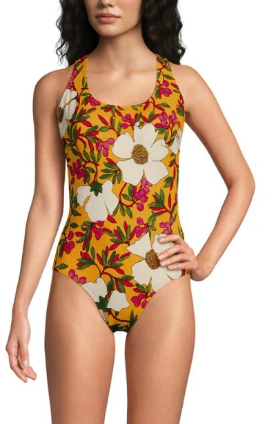 Lands' End Chlorine Resistant Scoop Neck X-back One Piece Swimsuit In Yellow