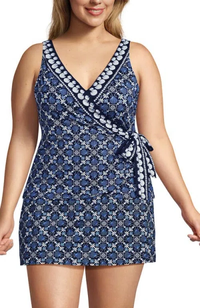 Lands' End Chlorine Resistant Side Tie V-neck Tankini Swimsuit Top In Blue
