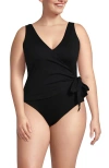 Lands' End Chlorine Resistant Side Tie Wrap High Leg One Piece Swimsuit In Black