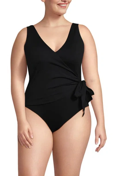 Lands' End Chlorine Resistant Side Tie Wrap High Leg One Piece Swimsuit In Black
