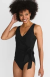 Lands' End Chlorine Resistant Side Tie Wrap High Leg One Piece Swimsuit In Black