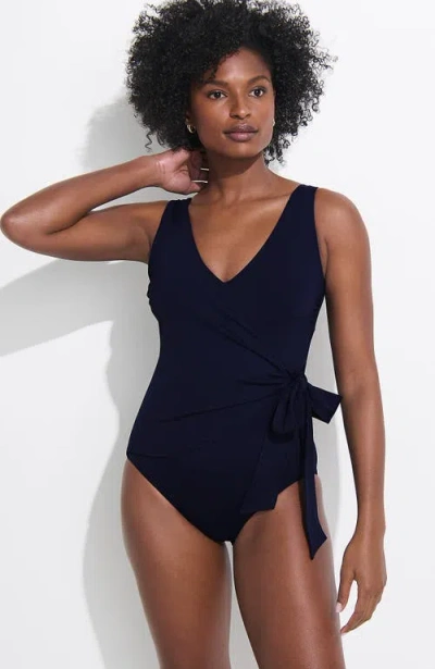 Lands' End Chlorine Resistant Side Tie Wrap High Leg One Piece Swimsuit In Blue