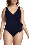 Lands' End Chlorine Resistant Side Tie Wrap High Leg One Piece Swimsuit In Blue