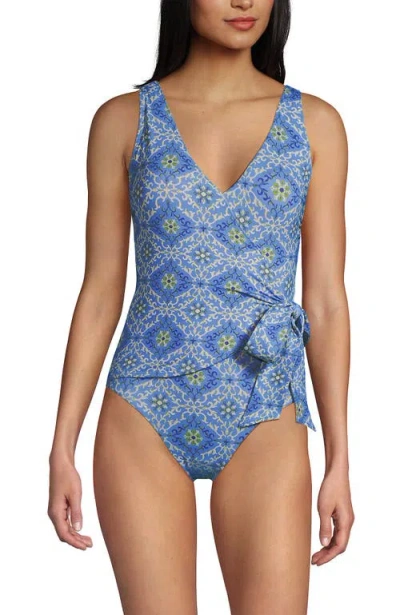 Lands' End Chlorine Resistant Side Tie Wrap High Leg One Piece Swimsuit In Blue