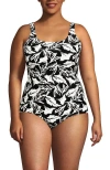 Lands' End Plus Size Chlorine Resistant Soft Cup Tugless Sporty One Piece Swimsuit In Black/egret Abstract Leaf