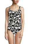 Lands' End Tugless One Piece Swimsuit In Black/egret Abstract Leaf
