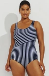Lands' End Tugless Low Leg One Piece Swimsuit In Deep Sea/white Media Stripe