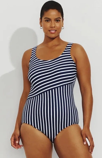 Lands' End Tugless Low Leg One Piece Swimsuit In Deep Sea/white Media Stripe
