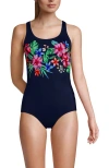 Lands' End Scoop Neck Tugless Sporty One Piece Swimsuit In Navy Rosella Floral Placement