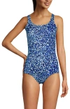 Lands' End Tugless One Piece Swimsuit In Navy/turquoise Mosaic Dot