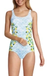 Lands' End Tugless One Piece Swimsuit In White Batik Lemons Placement