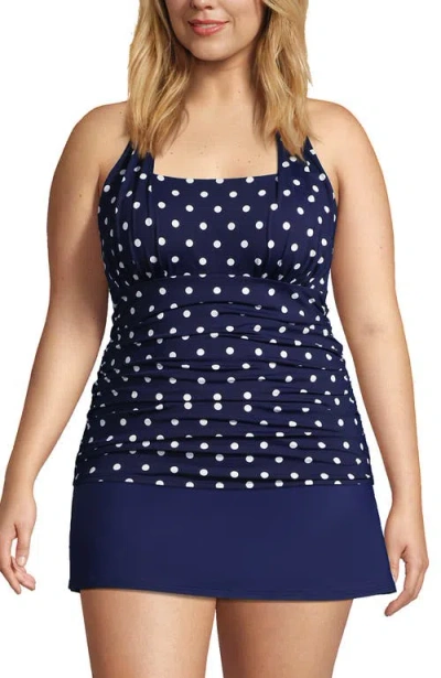 Lands' End Chlorine Resistant Square Neck Halter Tankini Swimsuit Top In Deep Sea Polka Dot
