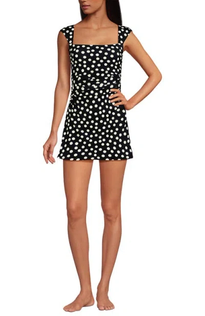 Lands' End Chlorine Resistant Square Neck Ruched Swim Dress One Piece Swimsuit In Black