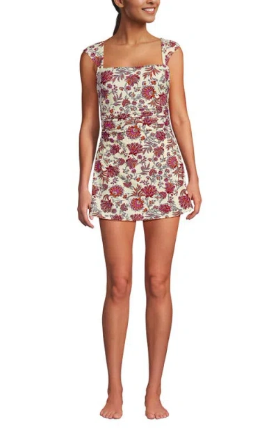 Lands' End Chlorine Resistant Square Neck Ruched Swim Dress One Piece Swimsuit In Multi