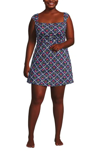 Lands' End Chlorine Resistant Square Neck Ruched Swim Dress One Piece Swimsuit In Multi