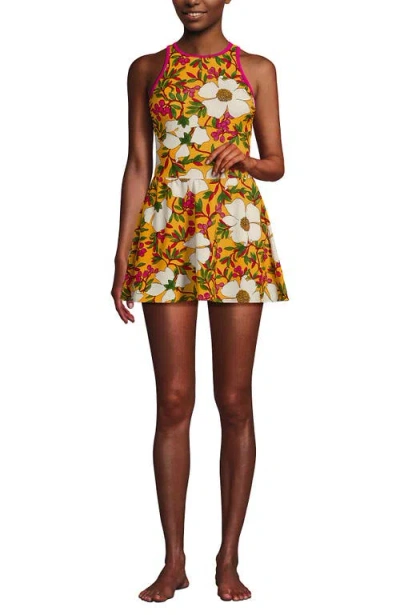 Lands' End Chlorine Resistant Tugless High Neck Swim Dress One Piece Swimsuit In Multi