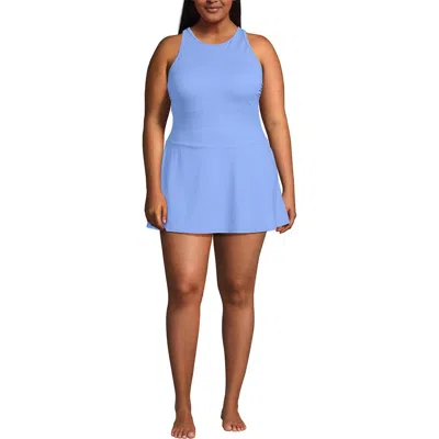 Lands' End Chlorine Resistant Tugless High Neck Swim Dress One Piece Swimsuit In Blue