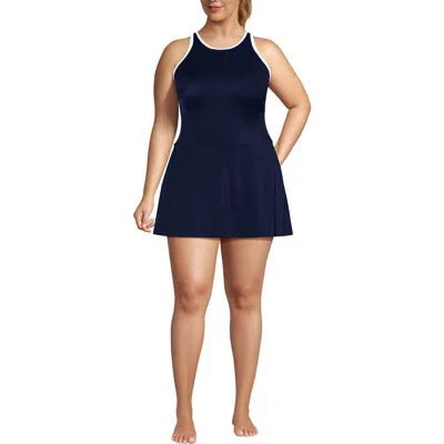 Lands' End Chlorine Resistant Tugless High Neck Swim Dress One Piece Swimsuit In Blue