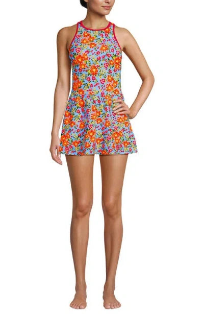 Lands' End Chlorine Resistant Tugless High Neck Swim Dress One Piece Swimsuit In Multi