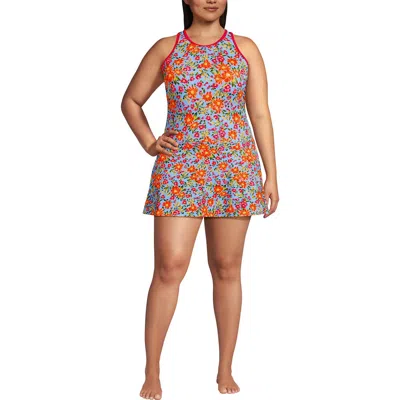 Lands' End Chlorine Resistant Tugless High Neck Swim Dress One Piece Swimsuit In Multi