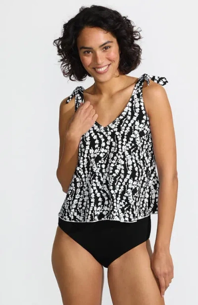 Lands' End Chlorine Resistant V-neck Shoulder Tie Flutter Tankini Swimsuit Top In Black