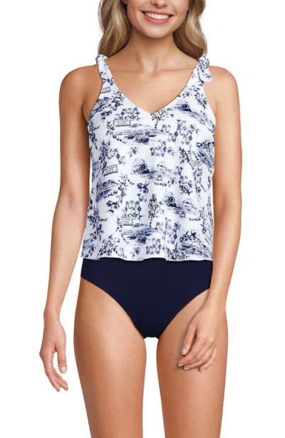 Lands' End Chlorine Resistant V-neck Shoulder Tie Flutter Tankini Swimsuit Top In Blue