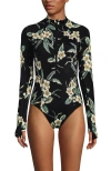 Lands' End Chlorine Resistant Zip Front Long Sleeve Tugless Sporty One Piece Swimsuit