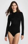 Lands' End Chlorine Resistant Zip Front Long Sleeve Tugless Sporty One Piece Swimsuit In Black