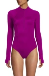 Lands' End Chlorine Resistant Zip Front Long Sleeve Tugless Sporty One Piece Swimsuit In Crimson Rose